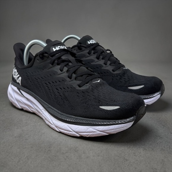 Hoka One One Shoes - Hoka Clifton 8 Running Shoes Womens 9.5 Black White 1119394 BWHT Low Top Mesh